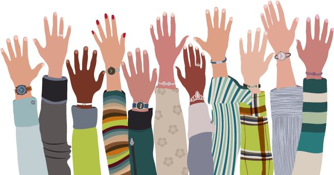 Immagine che rappresenta molte mani di persone verso il cielo.