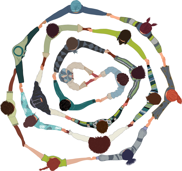 Immagine che rappresenta un gruppo di persone diverse che si tiene per mano in un girotondo, simboleggiando comunità e connessione globale.