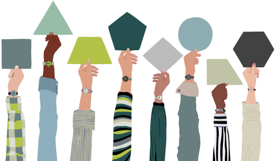 Immagine che rappresenta molte mani di persone diverse che tengono tra le dita delle figure gemetriche differenti tra loro per forma e colore.